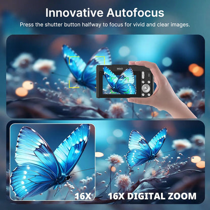 Portable Foldable Vlog Camera, 32GB SD, Self Timer & Wrist Strap – Ideal Gift for Teens & Beginners