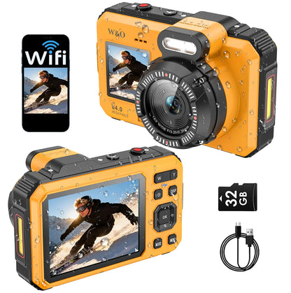 4K Underwater Camera, 64MP Dual-Screen, Waterproof, Autofocus, 32GB SD, 18X Zoom – Snorkeling Ready