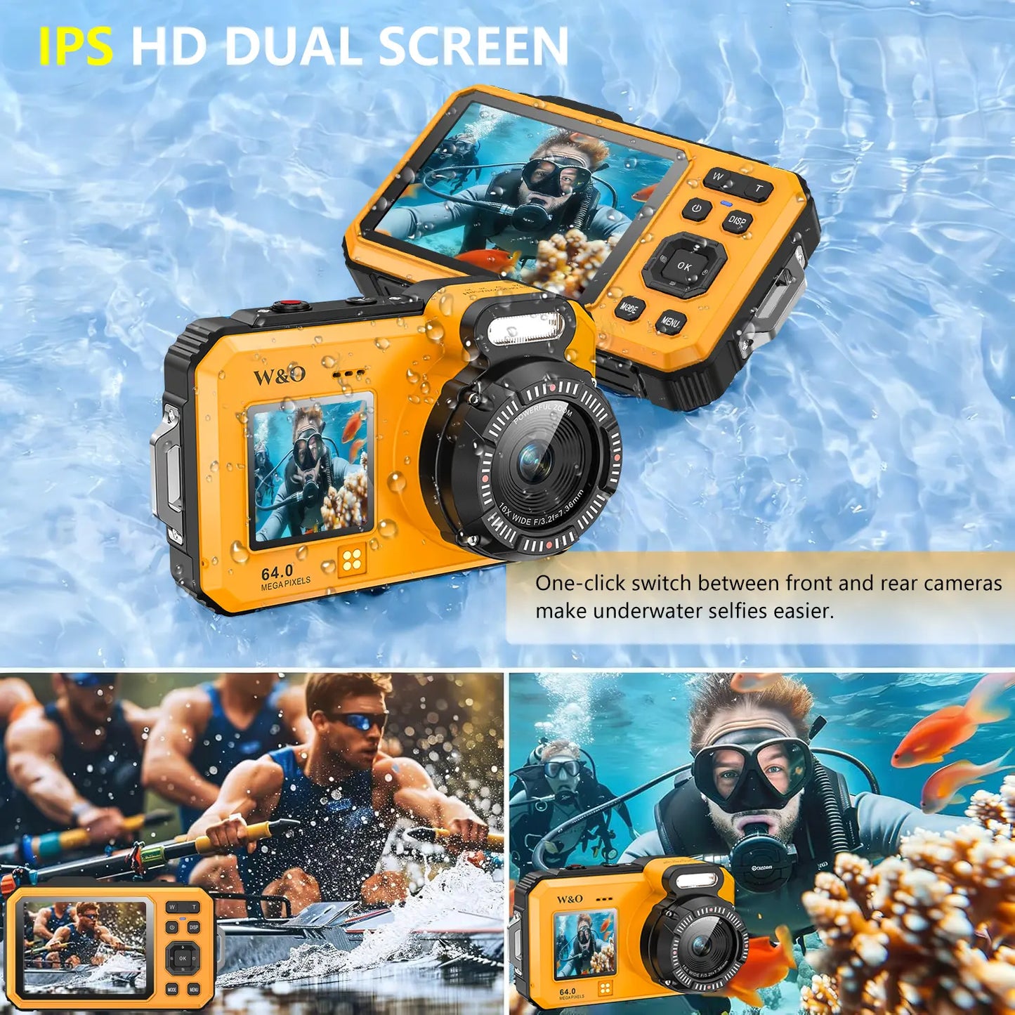 4K Underwater Camera, 64MP Dual-Screen, Waterproof, Autofocus, 32GB SD, 18X Zoom – Snorkeling Ready